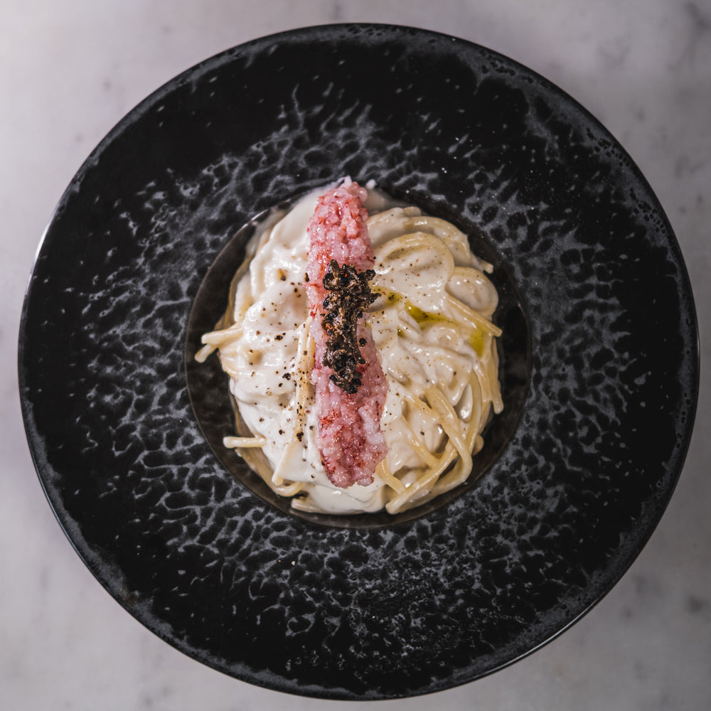 Cacio e Pepe with Black Truffle and Red Mazara del Vallo Prawns