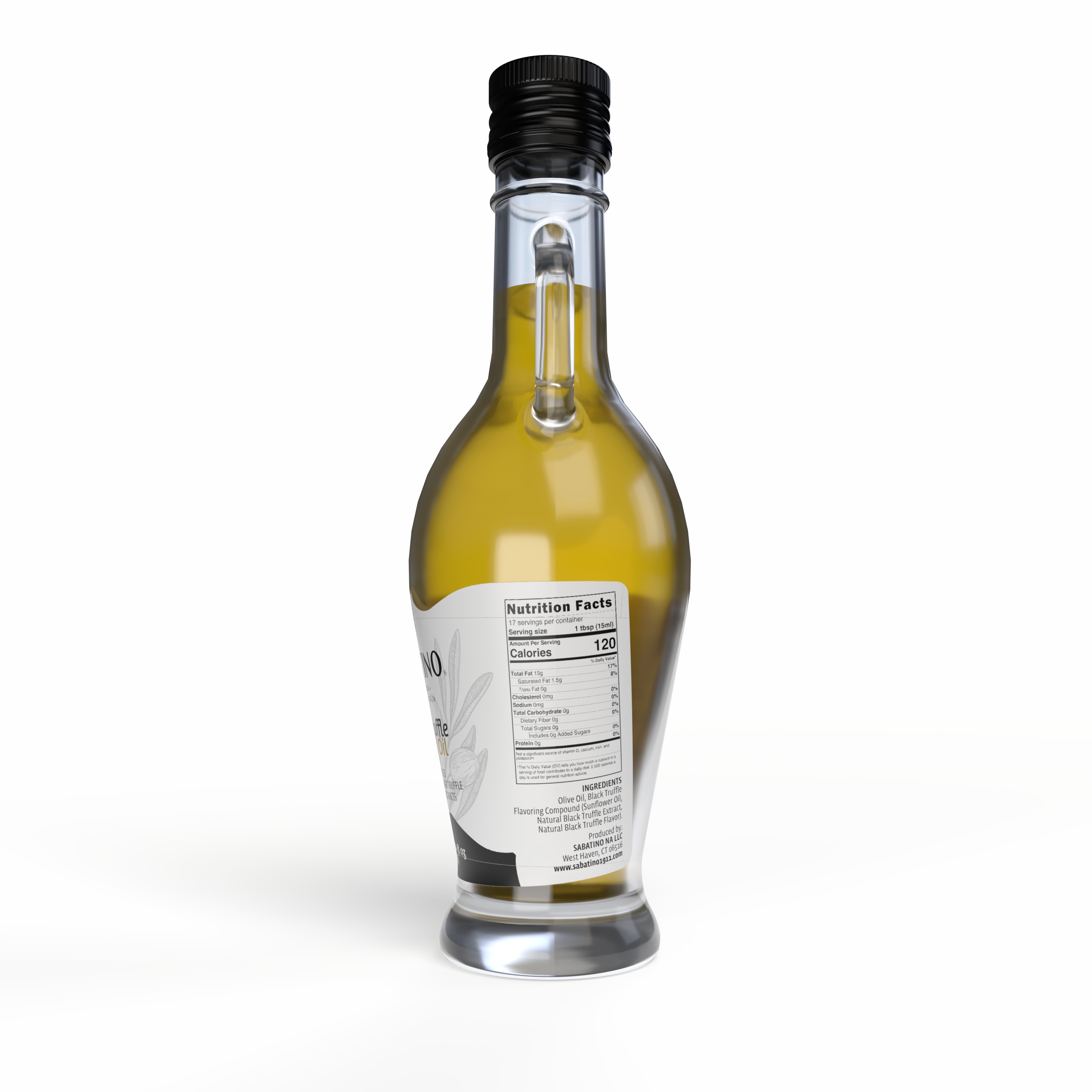 a bottle of oil with a black cap