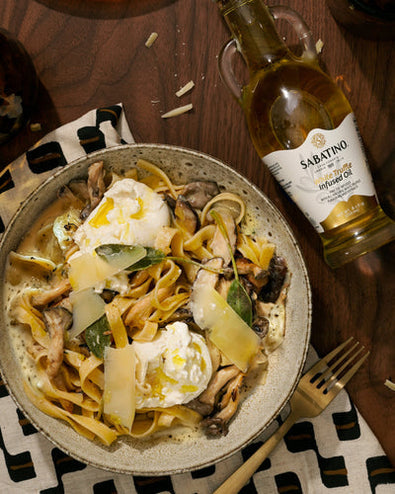 Wild Mushroom Pasta with Sabatino White Truffle Oil and Burrata