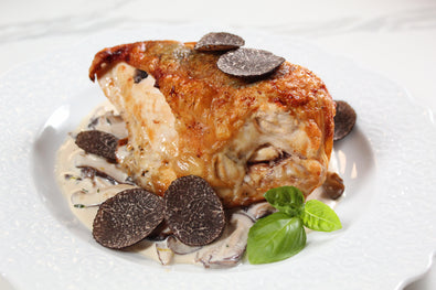 CHICKEN BREAST WITH BLACK WINTER TRUFFLES SERVED WITH CREAMY MUSHROOMS SAUCE