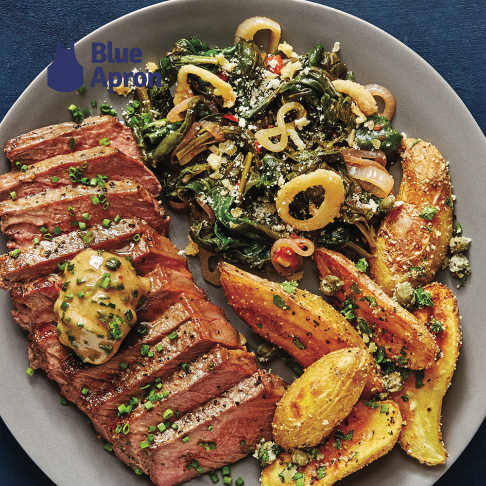 Blue Apron - NY Strip Steaks & Truffle Butter with Fingerling Potatoes & Sautéed Spinach