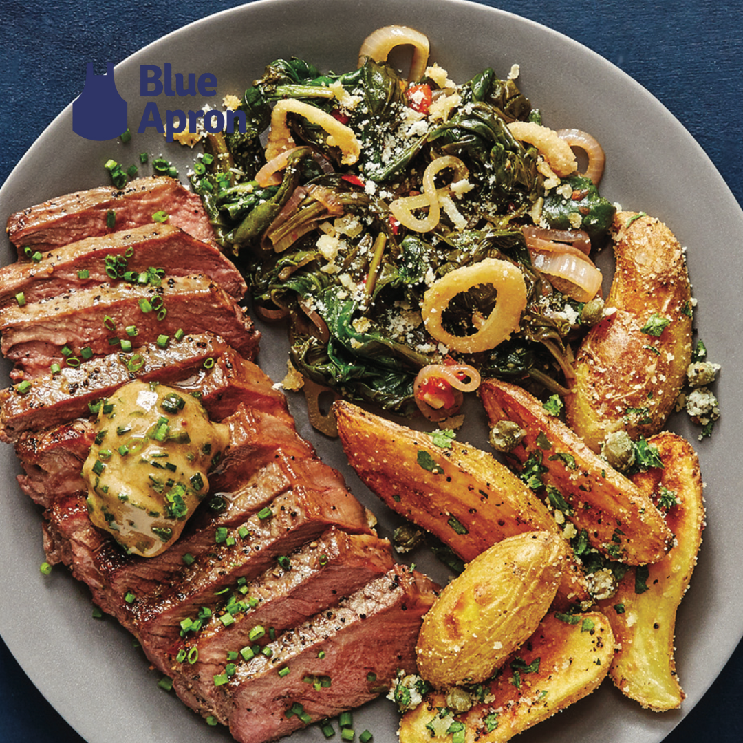 Blue Apron - NY Strip Steaks & Truffle Butter with Fingerling Potatoes & Sautéed Spinach