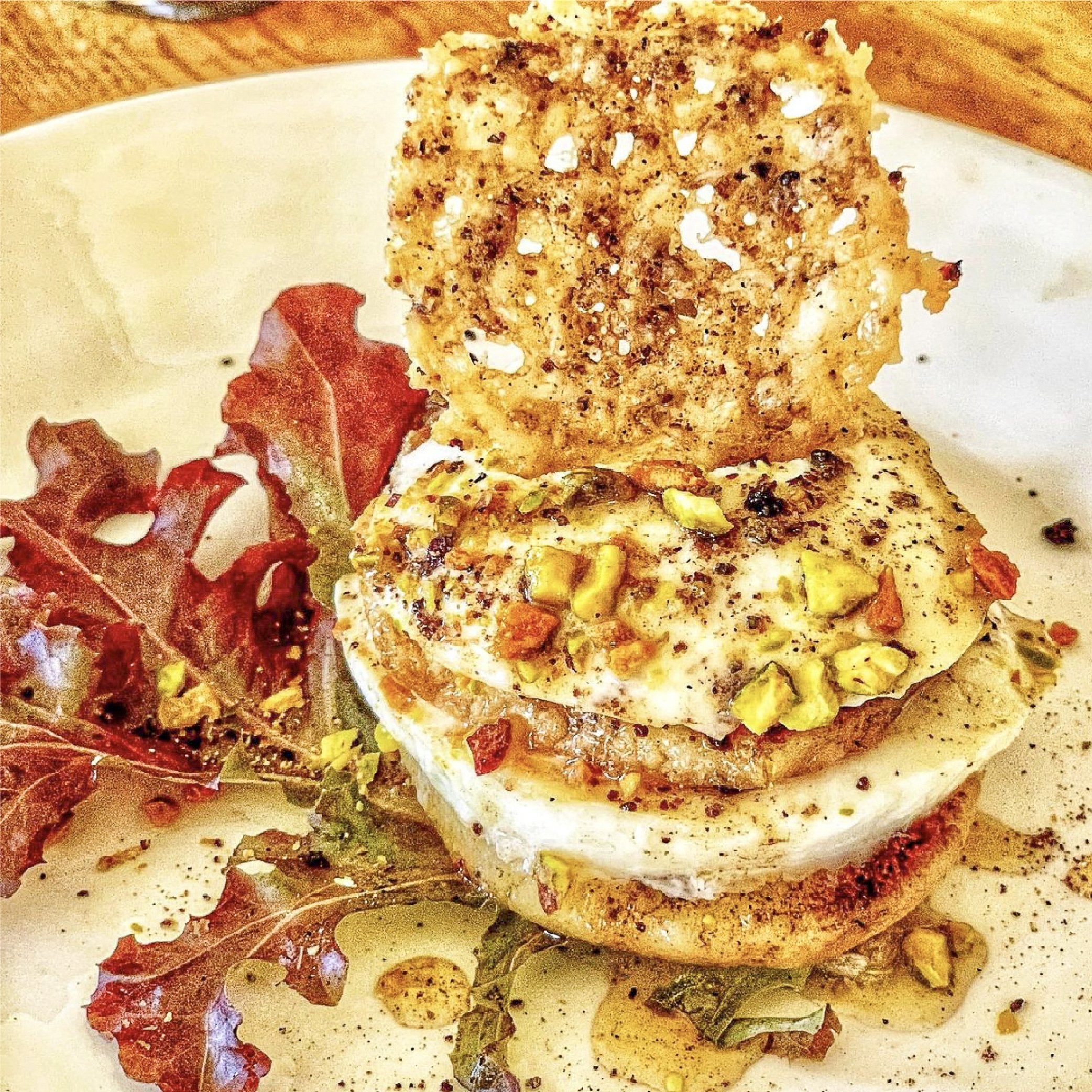 NAPOLEON OF WHITE PEACH AND MOZZARELLA DI BUFALA WITH SABATINO TARTUFI TRUFFLE ZEST® FRICO