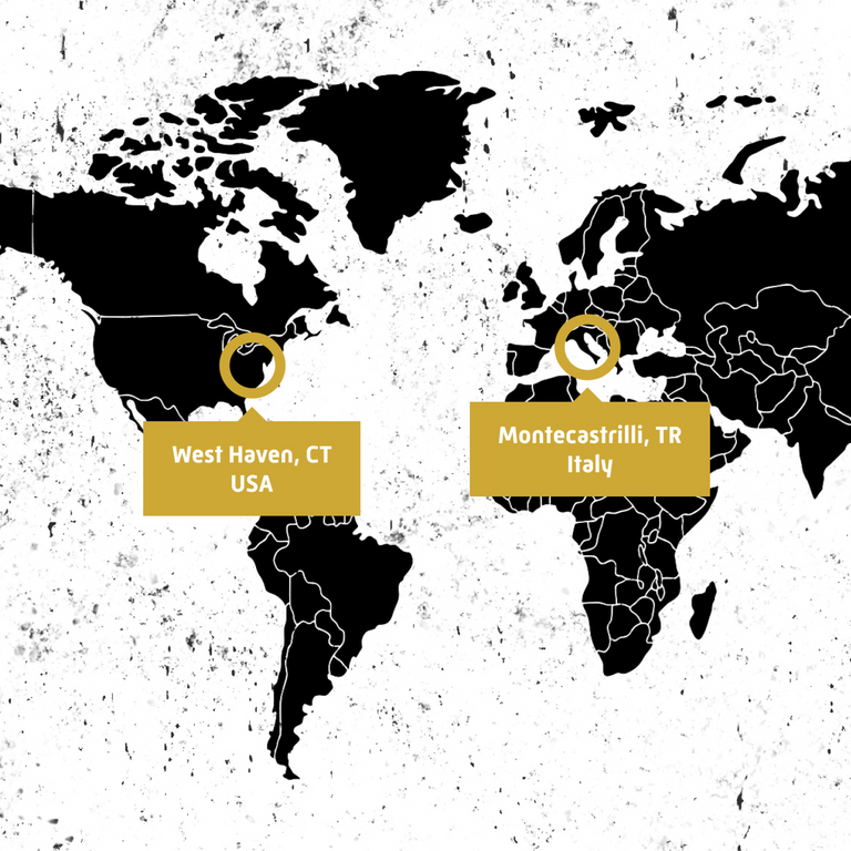 map highlighting two locations: West Haven in USA and Montecastrilli in Italy