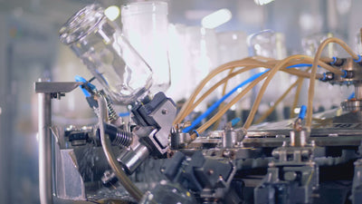 Glass bottles move up on a machine to be cleaned.