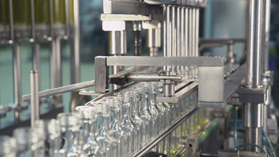 Olive oil in glass bottles moving on production line. Truffle infused olive oil production factory.